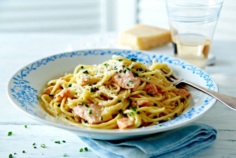 Спагетти карбонара с креветками
