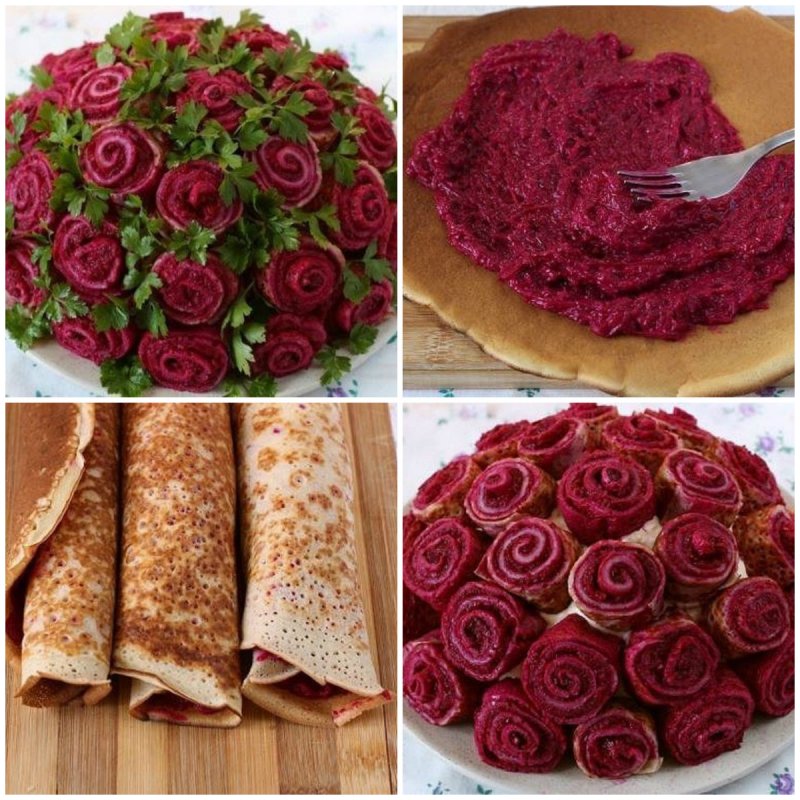 Салат букет роз с блинами