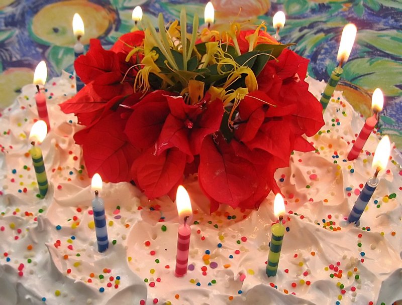 Свечи торт и цветы у тебя на столе