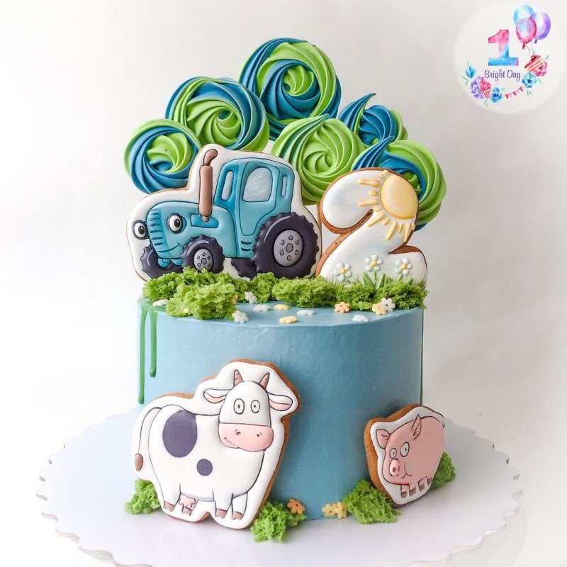 Торт синий трактор на 2 годика